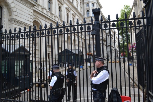 The gate outside the Prime Minister's home on Downing Street