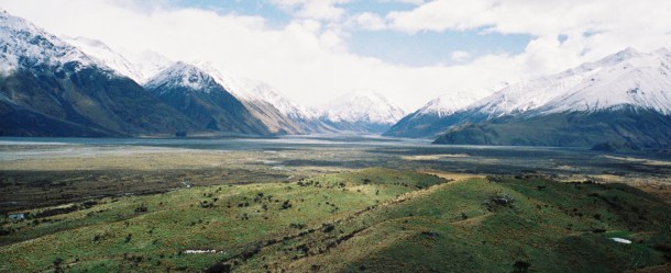 Standing atop Mount Sunday (Edoras) you can see the valley the Uruk-hai marched down (middle) and the location for Helms Deep (left)