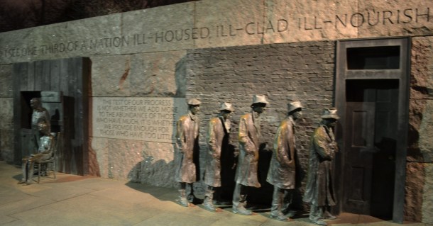 Quotations and sculptures at the FDR Memorial mark significant periods in his presidency