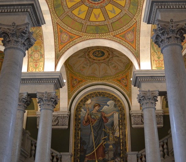 A giant mosaic of Minerva leading to the Main Reading Room overlook