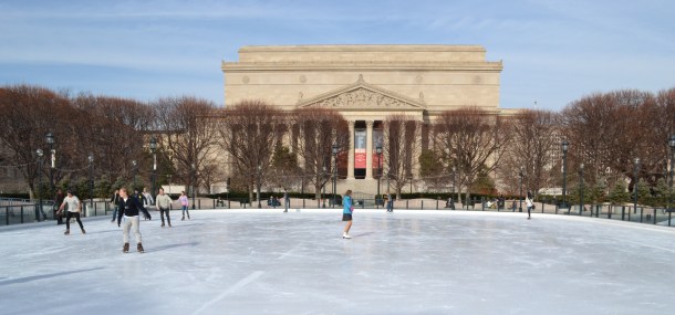 The ice skating rink in the National Sculpture Garden in front of the National Archives