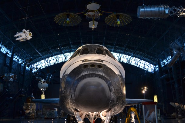 Looking up at the Space Shuttle Discovery