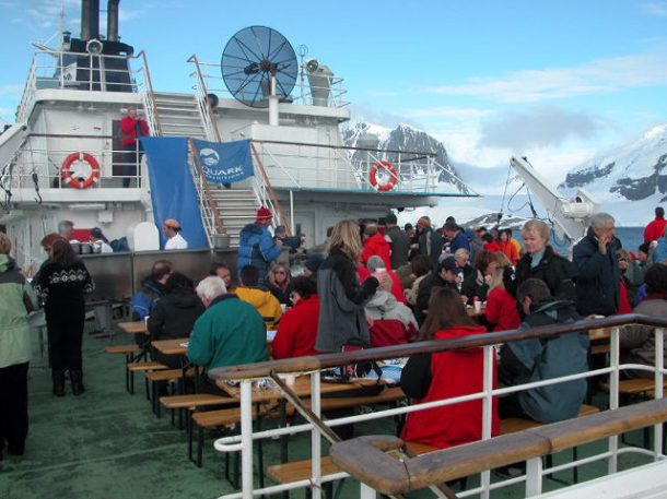 A cookout on the ship's deck with the Port Lockroy team
