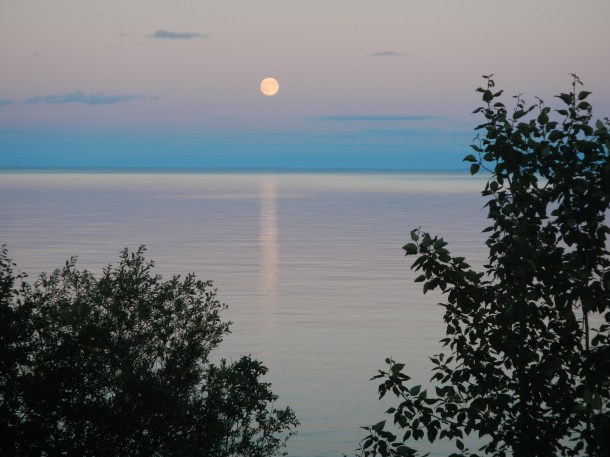 The moon rising over Lake Superior