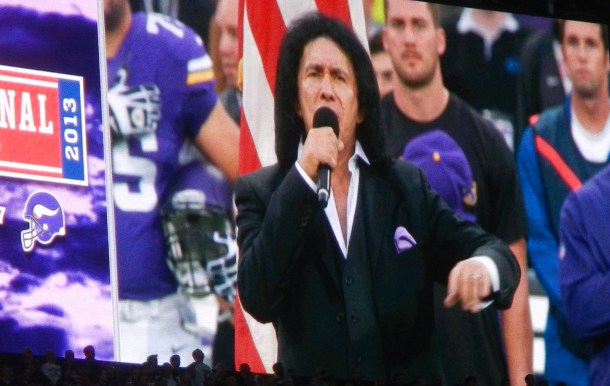 Gene Simmons from KISS singing the national anthem...and doing a great job.