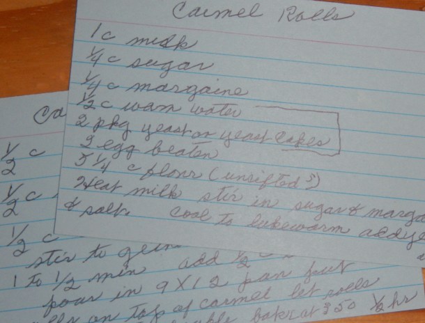 Grandma's hand-written caramel roll recipe