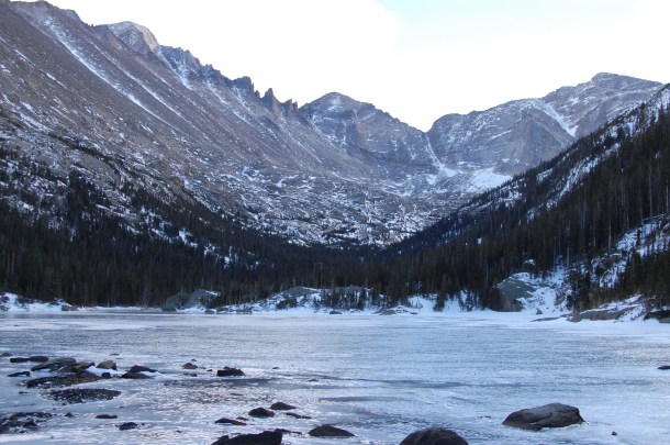 A frozen Mill's Lake in Colorado's Rocky Mountain National Park