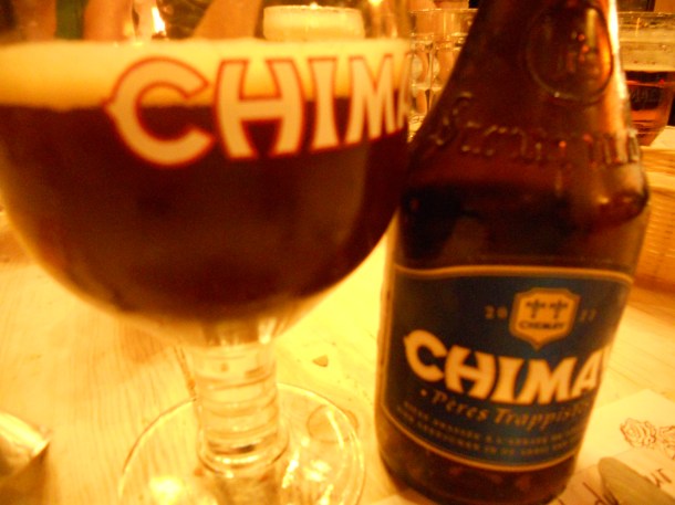 Enjoying a Chimay with dinner in Belgium