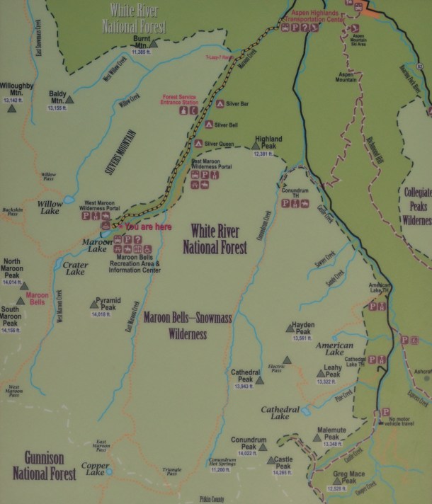 A map of the area around the Maroon Bells
