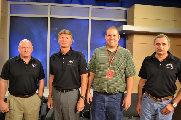 Crew: Scott Kelly (left), Mikhail Kornienko (right) and Gennady Padalka (middle), with me at NASA in Houston